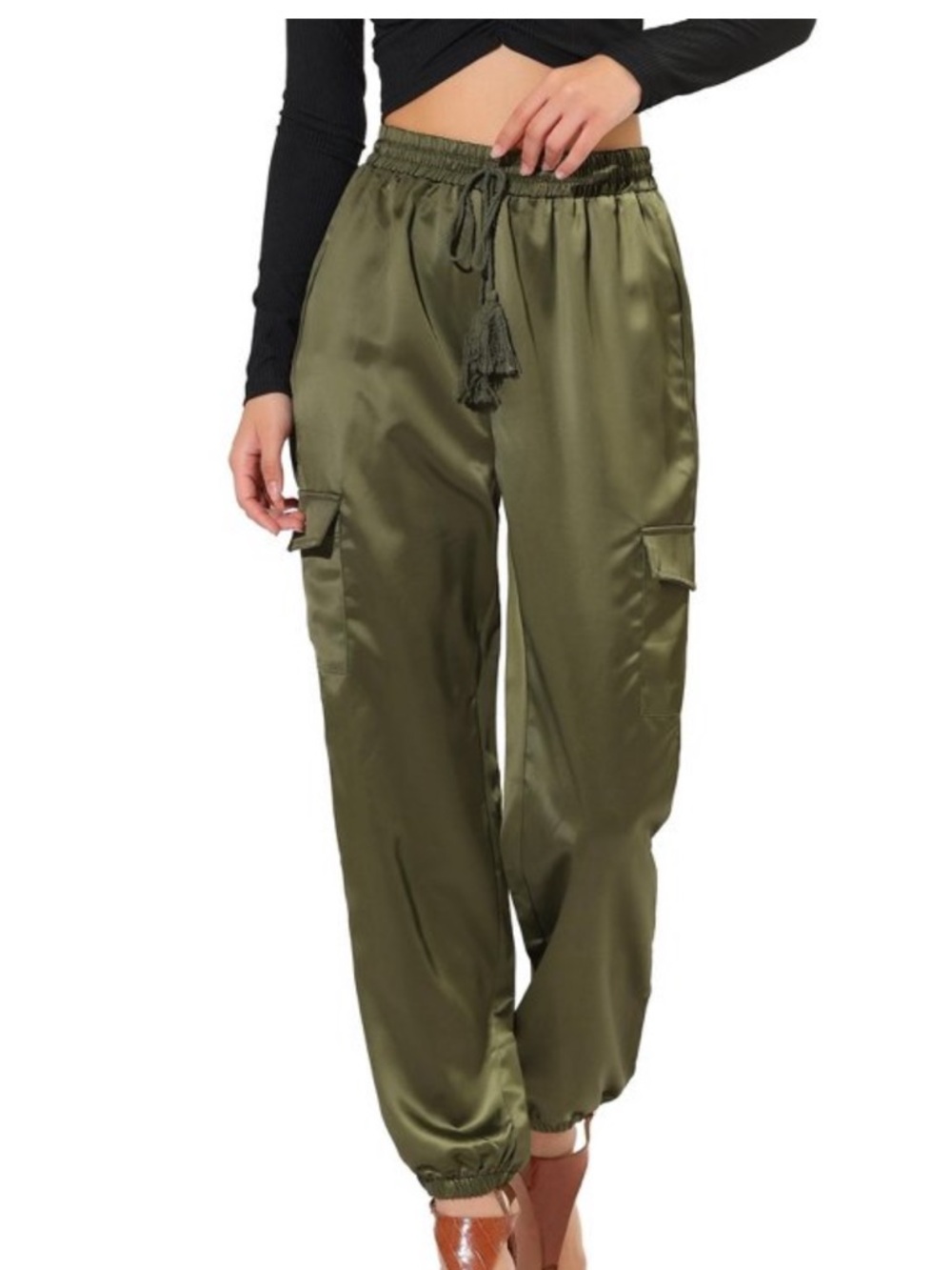 Olive Army S New Green Satin Silk Cargo Joggers Pants High Rise Spring 2026